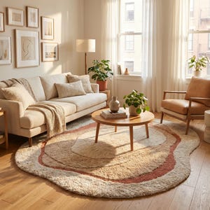 Dywan okrągły z wełny tkany ręcznie, dywan o organicznym kształcie, dywan w kolorze beżowej terakoty, abstrakcyjny dywan, nowoczesny minimalistyczny dywan do salonu, rzeźbiarski miękki plusz