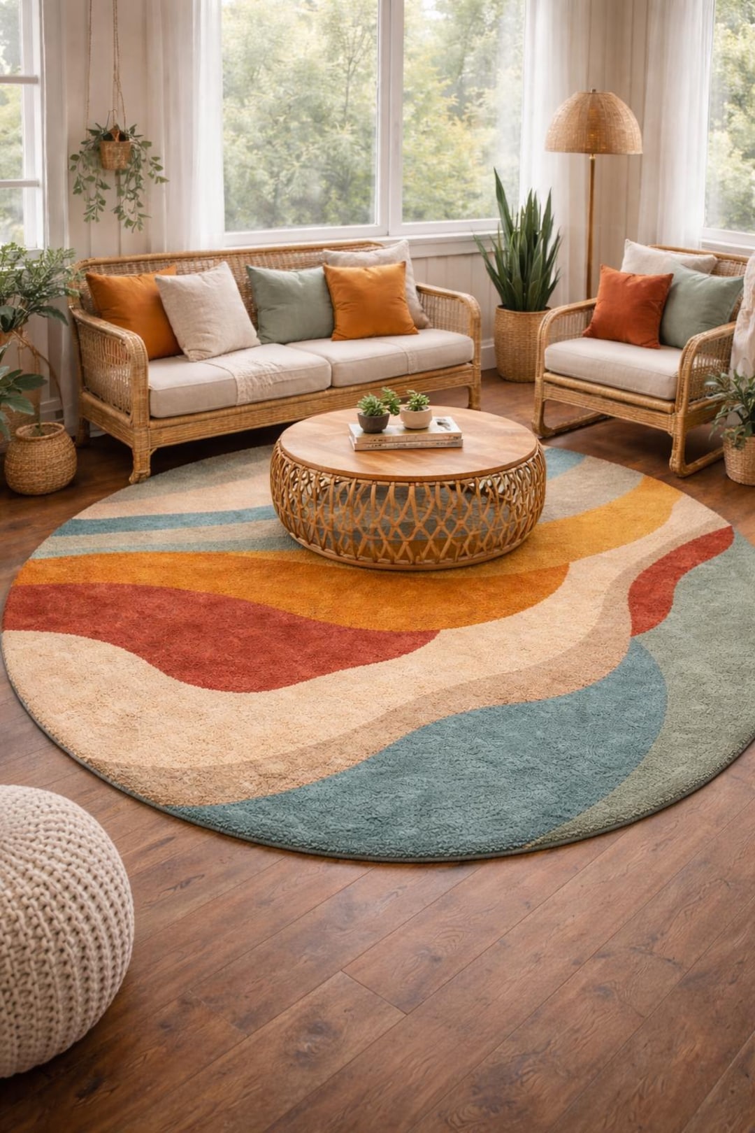 Eclectic Round Wool Rugs Round Hand Tufted Wool Rug, Abstract Wavy Multicolor Area Rug, Boho Mid ...