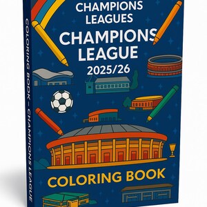 Pode incluir: Capa de livro de colorir azul escuro com o texto "CHAMPIONS LEAGUES" e "CHAMPIONS LEAGUE 2025/26". A capa apresenta ilustrações de estádios, uma bola de futebol e lápis de cor.