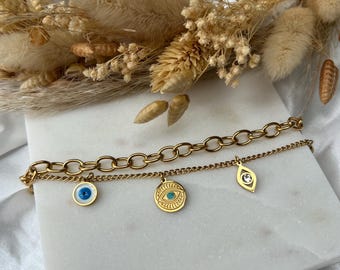 NAÏA : bracelet doré multi-rangs œil protecteur – acier inoxydable – bijoux été femme – porte-bonheur
