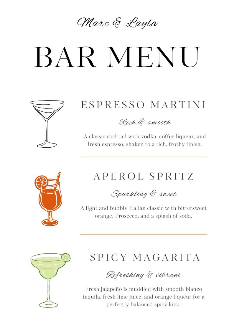 Modern Bar Cocktail Menu Party Sign - Customizable Easy to Edit Instant ...