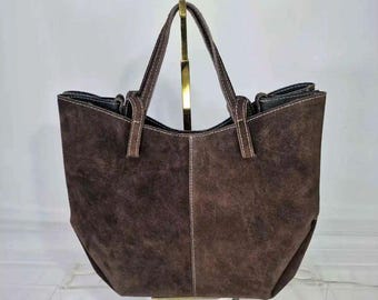 Suede Shopper Bag with Foldable Magnetized Edges with Genuine Dark Brown Leather Shoulder Strap.