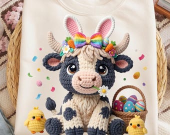 Faux Yarn Highland Cow Easter PNG, Bunny Ears, Rainbow Bow (Digital Download)