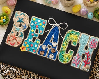 Crocheted Beach Vacation PNG, Coastal Floral Pearl Shirt Design (PNG Files)