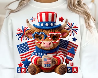Highland Cow 4th of July PNG, Faux Yarn American Flag Clipart (Digital Download)