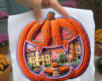 Calabaza de Halloween PNG, diseño retro de temporada espeluznante con hilo de ganchillo, gráfico de calabaza preppy, descarga digital de otoño de Halloween