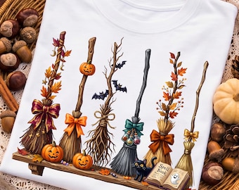 Escobas de bruja de Halloween PNG, diseño de sublimación femenino y coqueto (descarga digital)