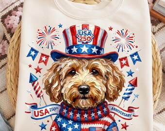 250.º Goldendoodle PNG, corazón retro patriótico, bandera de EE. UU. con lazo preppy, sublimación de Cricut, descarga digital