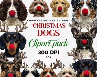 Christmas Dogs Clipart Bundle, 50+ Crochet Reindeer Dog Portraits, Digital Download for Sublimation
