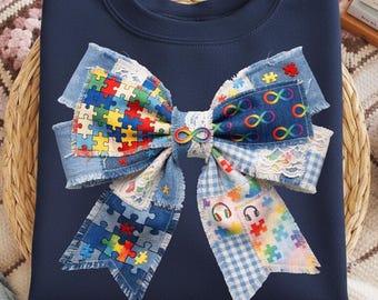 Autism Awareness Patchwork Bow PNG, Accept Understand Love Neurodiversity Clipart (PNG Files)