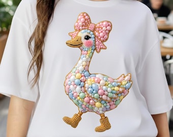 Beaded Goose PNG, Whimsical Coquette Pink Bow, Hand Painted Shirt Design (Digital Download)