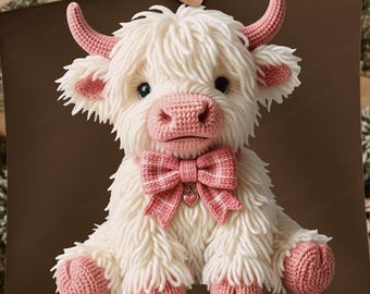 Faux Yarn Crochet Highland Cow PNG, Bow Detail, Valentine Clipart (Digital Download)