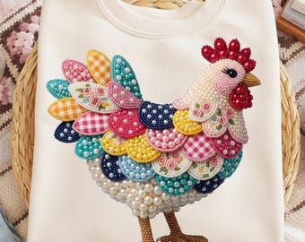 Beaded Floral Chicken PNG, Farmhouse Coquette Country Girl Sublimation Download