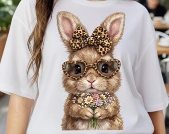 Brushstroke Leopard Easter Bunny PNG, Retro Bow Sunglasses Clipart (PNG Files)