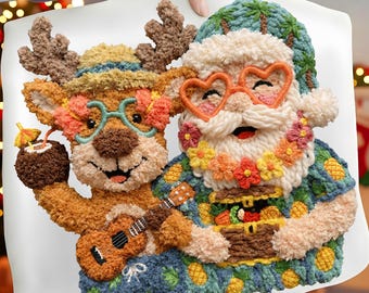 Crochet Yarn Hawaiian Santa & Reindeer PNG, Ukulele Art (Digital Download)