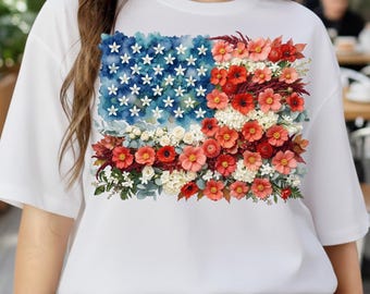 Floral USA Flag PNG, Patriotic Flower Graphic, 4th of July Sublimation (Digital Download)