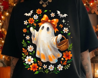 PNG de fantasma a cuadros florales, diseño de camiseta de Halloween coqueta, sublimación otoñal femenina