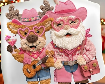 Yarn Art Western Christmas Clipart, Crochet Santa & Reindeer (PNG Digital Download)