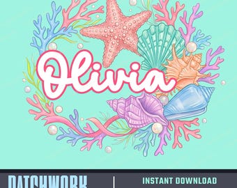 Name Block Beach PNG, Girly Summer Stripes Shells Watercolor (Digital Download)