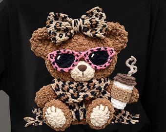 Oso de peluche de leopardo PNG de ganchillo, lazo de oso para San Valentín, clipart de oso con estampado de guepardo, descarga digital