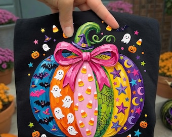 Calabaza colorida de Halloween PNG, fantasma con sombrero de bruja para sublimación (descarga digital)