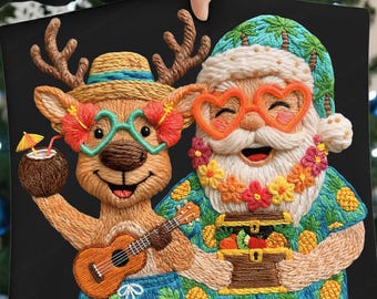 Faux Yarn Merry Christmas PNG, Crochet Hawaiian Santa and Reindeer Clipart, Knitted Summer PNG (Digital Download)