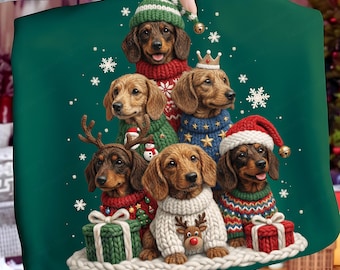毛糸で編んだクリスマスの面白いダックスフントのPNG画像、ホリデーシーズンの面白い子犬のデザイン（デジタルダウンロード）