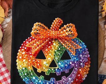 Calabaza con cuentas arcoíris PNG, diseño de camiseta de Halloween de otoño Coquette (descarga digital)