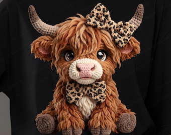 Leopard Print Coquette Faux Crochet Highland Cow PNG, Crochet Valentine Highland Cow PNG (Digital Download)