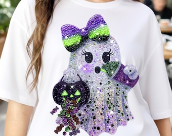 Fantasma retro espeluznante en formato PNG, fantasma moderno con diamantes de imitación para Halloween en formato PNG, calabaza fantasma adorable en formato PNG, ambiente espeluznante en formato PNG, descarga digital.