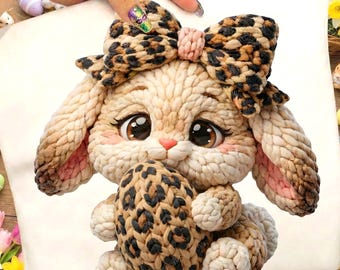 Leopard Bow Crochet Easter Bunny PNG, Spring Clipart (Digital Download)