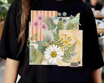 Watercolor Wildflower Daisy Collage Clipart (PNG), Vintage Botanical Butterfly Nature Design