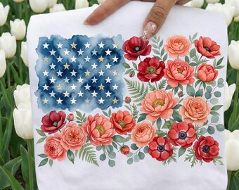 Floral American Flag PNG, Patriotic USA Flowers Sublimation Graphic (Digital Download)