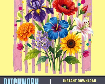 Floral Garden Fence PNG, Colorful Wildflower Bouquet Digital Download, Sunflower Iris Lily Poppy Clipart, Watercolor Spring Summer Design