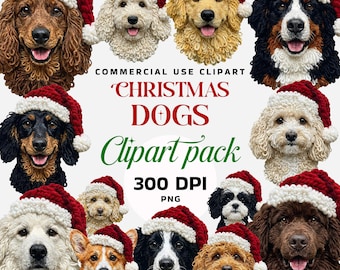 Paquete de imágenes prediseñadas de perros navideños: más de 50 retratos de perros con gorros de Papá Noel tejidos a crochet, descarga digital para sublimación.