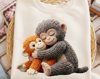 Knitted Monkey Hug PNG, Emotional Plush Toy T-Shirt Design (Digital Download)