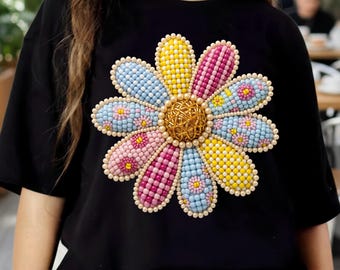 Beaded Flower PNG, Preppy Pearl Daisy Pastel Summer Floral Sublimation Design, Digital Download