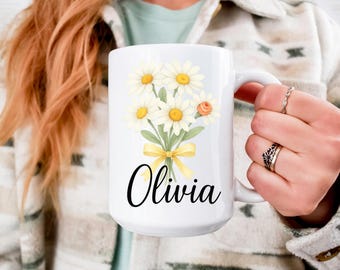 Custom Daisy Mug with Name, Personalized Floral Coffee Cup, Gift for Her, Spring Flower Mug, Birthday Gift for Friend, Mom or Coworker