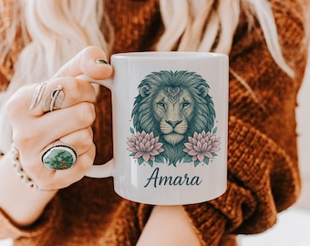 Custom Lion Mug with Name, Spiritual Animal Coffee Cup, Personalized Gift for Her, Boho Floral Lion Mug, Birthday Gift, Strength Symbol Mug