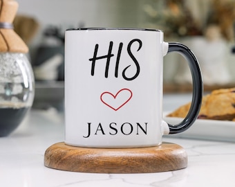 Gepersonaliseerde zijn koffiemok Cadeau met hart en naam Minimaal romantisch cadeau voor echtgenoot Vriendje Jubileumcadeau