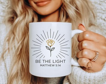 Inspirational Be The Light Mug, Christian Coffee Cup with Bible Verse Matthew 5:14, Faith Gift for Women, Religious Encouragement Gift Idea