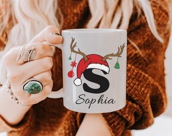 Custom Christmas Monogram Mug, Personalized Reindeer Mug with Name, Holiday Coffee Cup Gift, Cute Christmas Mug for Kids, Family Cocoa Cup