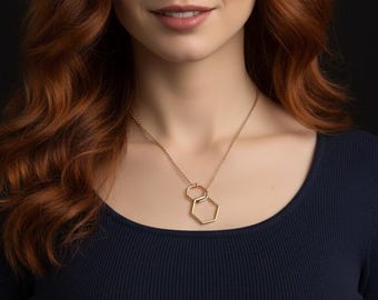 Brass Hexagon Pendant Necklace: Gold Tone Chain, Minimalist Geometric Jewelry