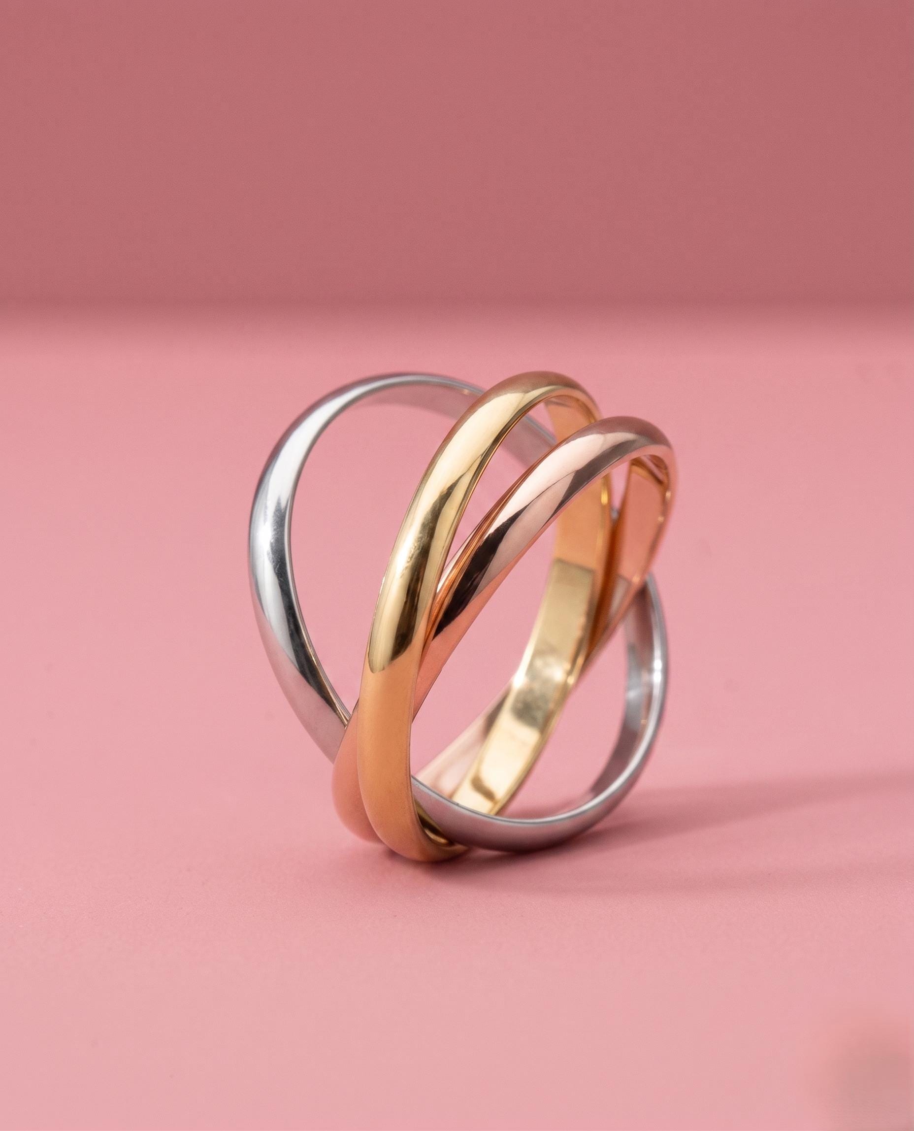 Slavic Tri Color Tri-color Gold Trinity Ring, 14k Solid White Yellow Rose Gold Rolling ...