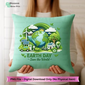May include: A light green square pillow with an Earth Day design. The design includes a globe, solar panels, a wind turbine, a green car, a bicycle, a house with solar panels, and the text "EARTH DAY - Save the World".