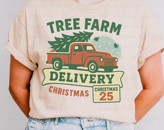 Vintage Red Truck Christmas PNG | Clipart z farmą choinkową (pobieranie cyfrowe)