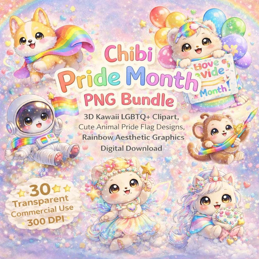 30 Chibi Pride Month PNG Bundle, Kawaii LGBTQ+ Clipart, Animal Flag ...