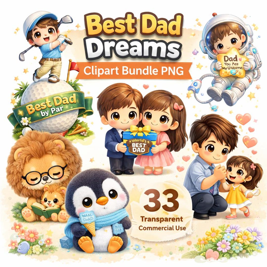 33 Father's Day Chibi Clipart Bundle, Watercolor Dad Graphics (PNG ...