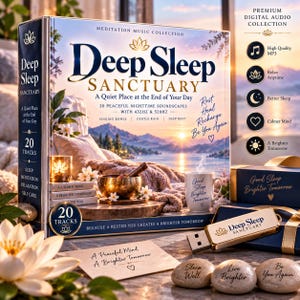 Può includere: Un cofanetto della collezione audio digitale Deep Sleep Sanctuary con 20 tracce, una chiavetta USB dorata e tre pietre lisce incise con Sleep Well, Live Brighter e Be You Again. La scatola mostra un paesaggio lacustre al tramonto.