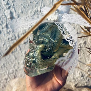 May include: A clear resin skull with a green snake inside, adorned with a white lace veil and a small white flower. The skull is held in a hand, with a textured background and dried plants.